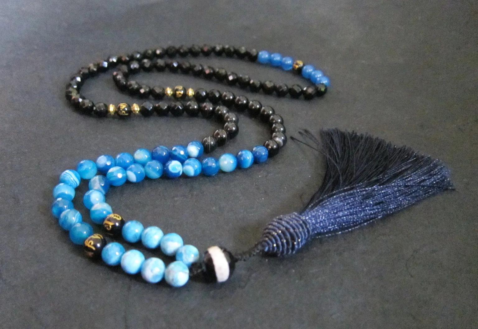 SALE - 108 Beaded Necklace in Agate, Apatite Blue w/ Tassel