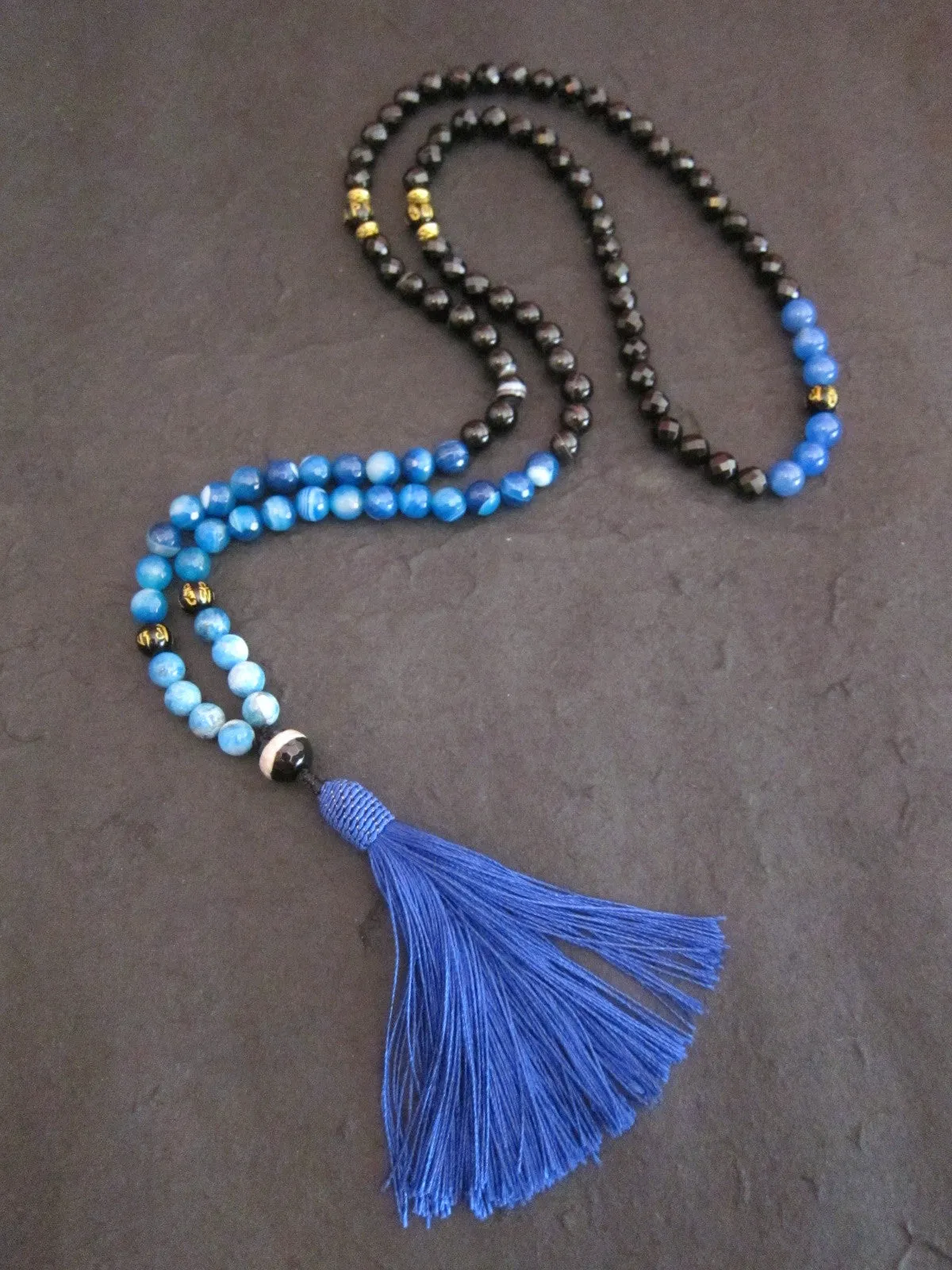 SALE - 108 Beaded Necklace in Agate, Apatite Blue w/ Tassel