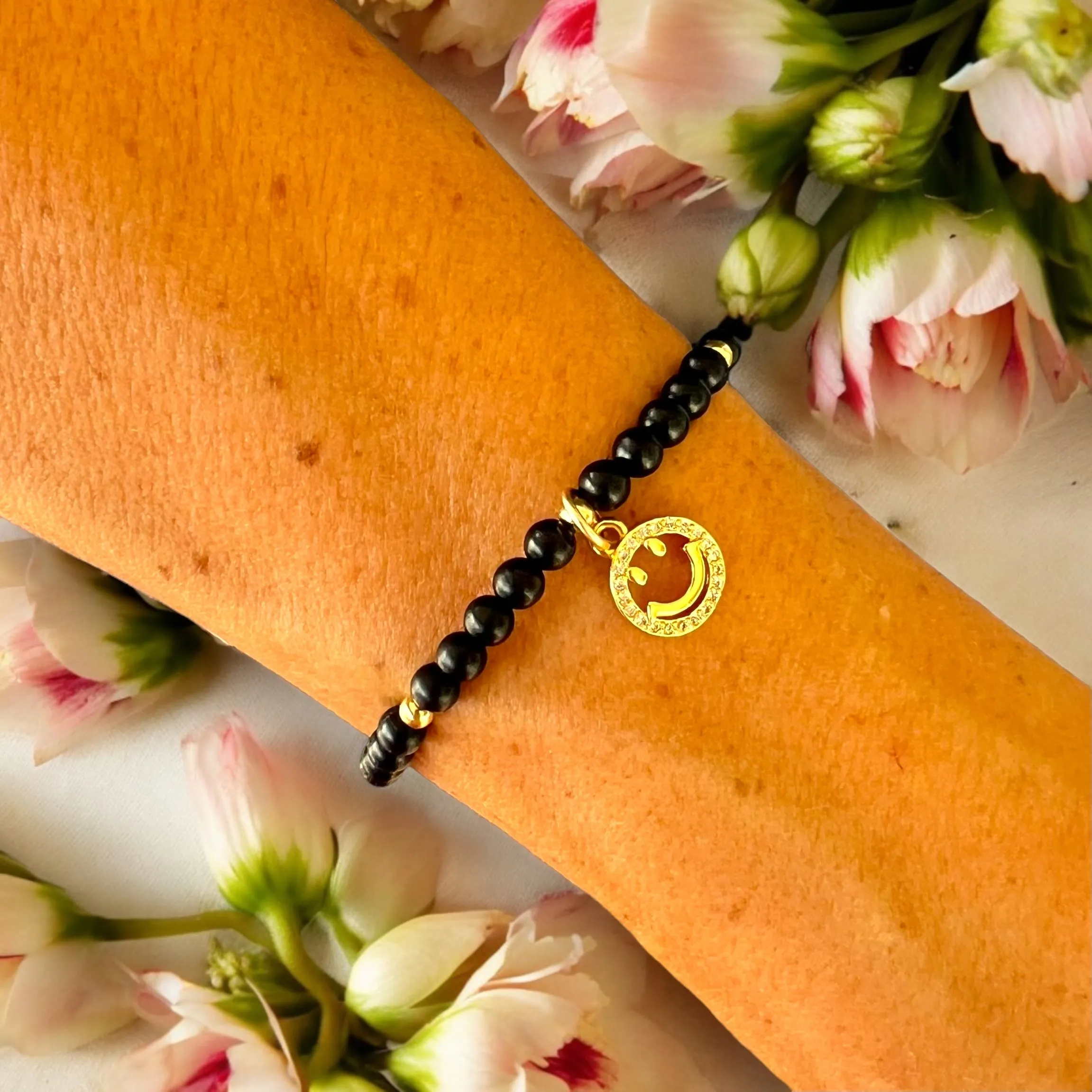 Smiley Charm 4mm Onyx Matte Stone Bracelet