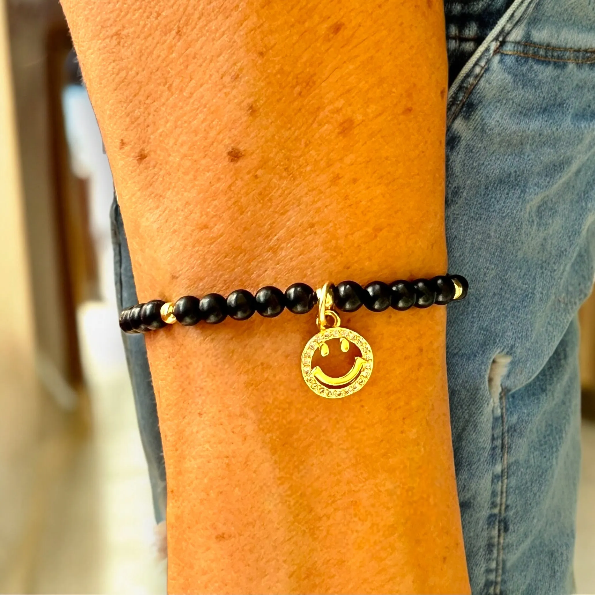 Smiley Charm 4mm Onyx Matte Stone Bracelet