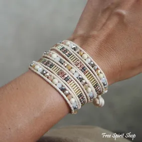 Snowy Agate Beige Beaded Wrap Bracelet