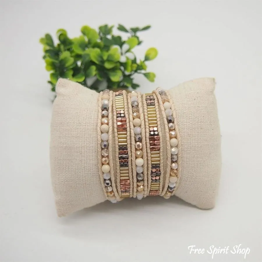 Snowy Agate Beige Beaded Wrap Bracelet