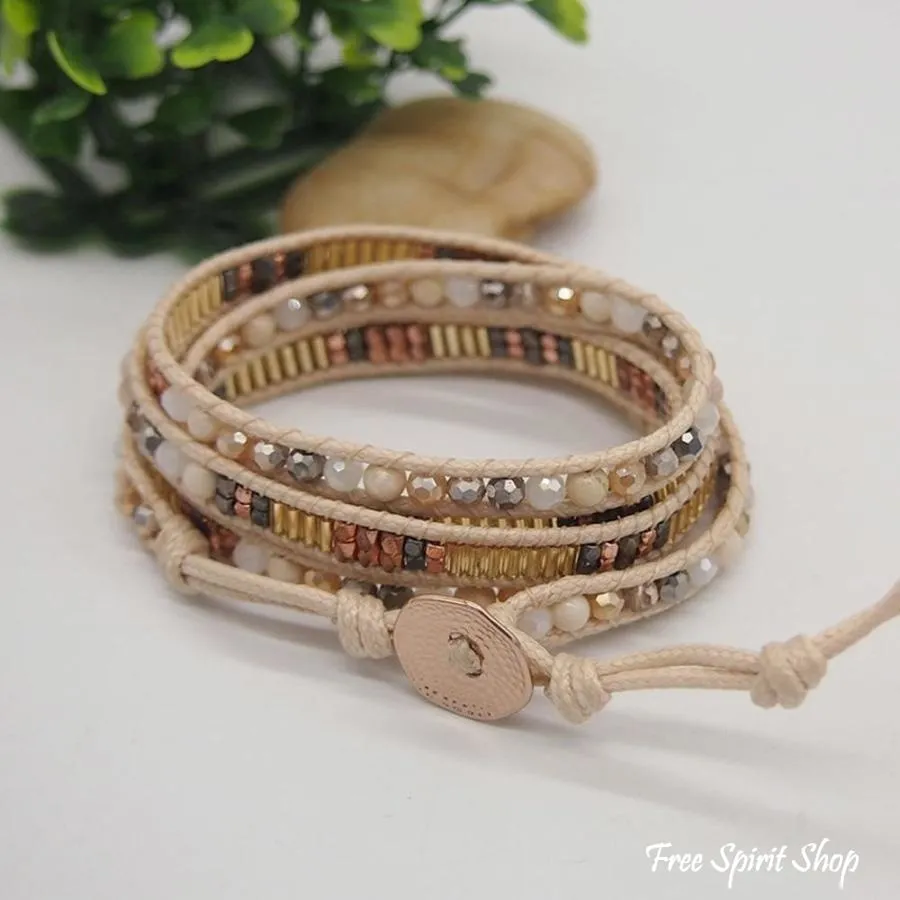 Snowy Agate Beige Beaded Wrap Bracelet