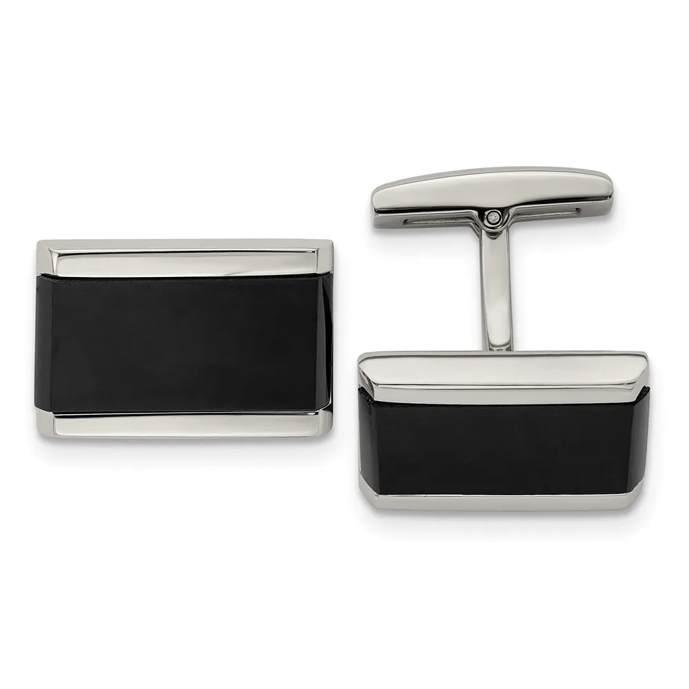 Stainless Steel & Black Onyx Rectangle Cuff Links, 21 x 14mm