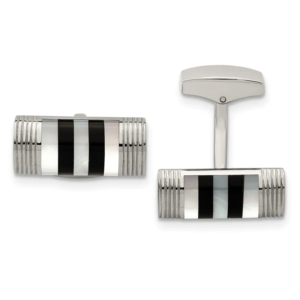 Stainless Steel, Mother of Pearl & Onyx Rectangle Cuff Links, 21 x 9mm