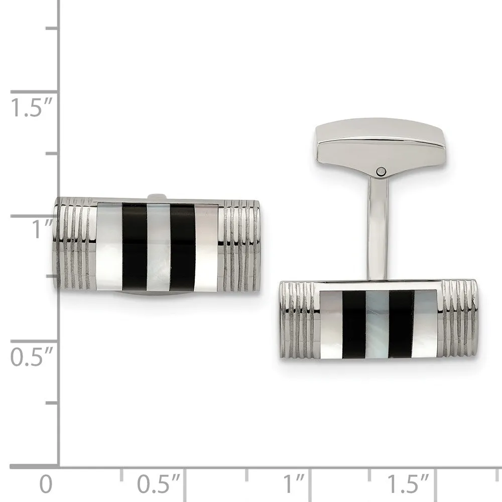 Stainless Steel, Mother of Pearl & Onyx Rectangle Cuff Links, 21 x 9mm