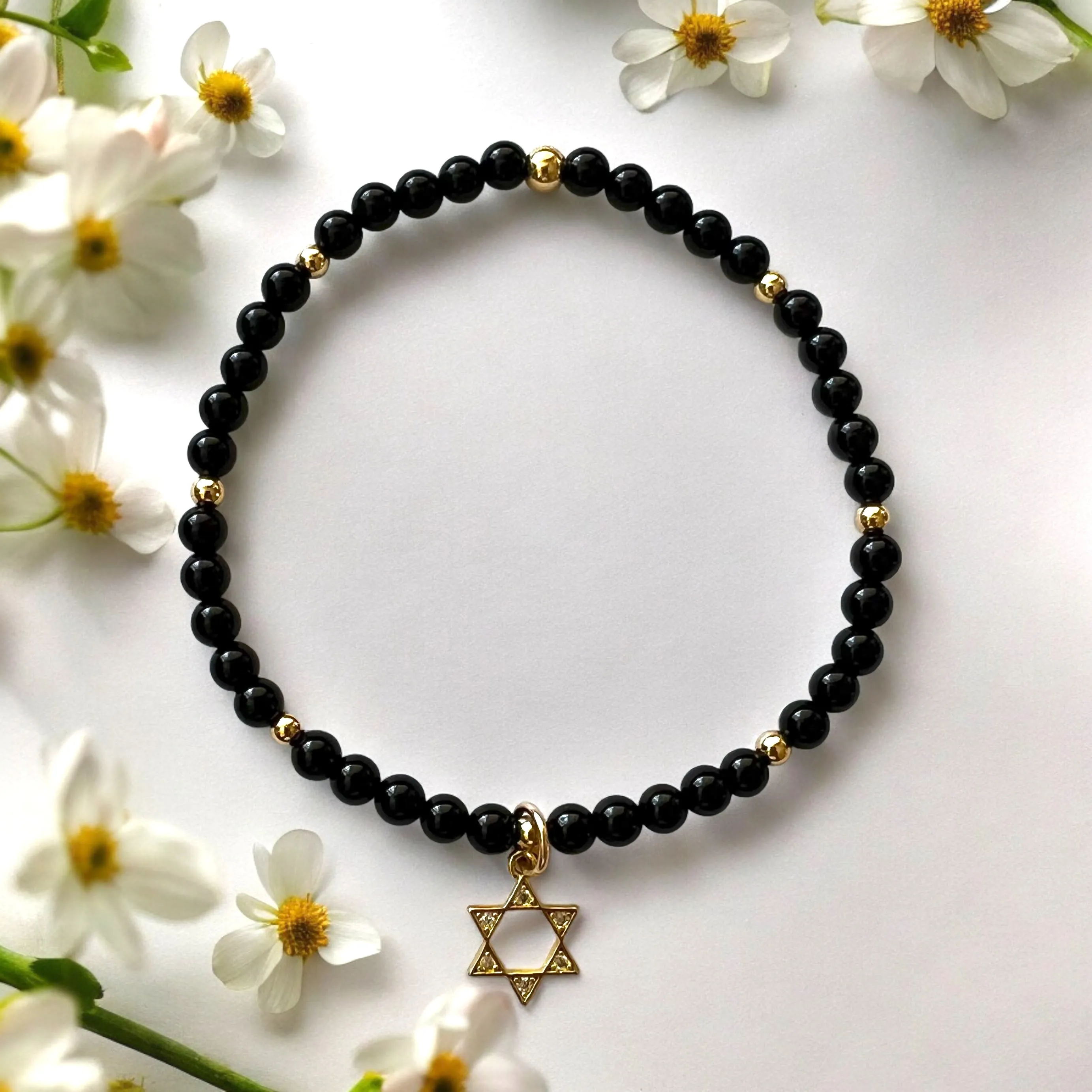 Star of David Charm 4mm Onyx Stone Bracelet