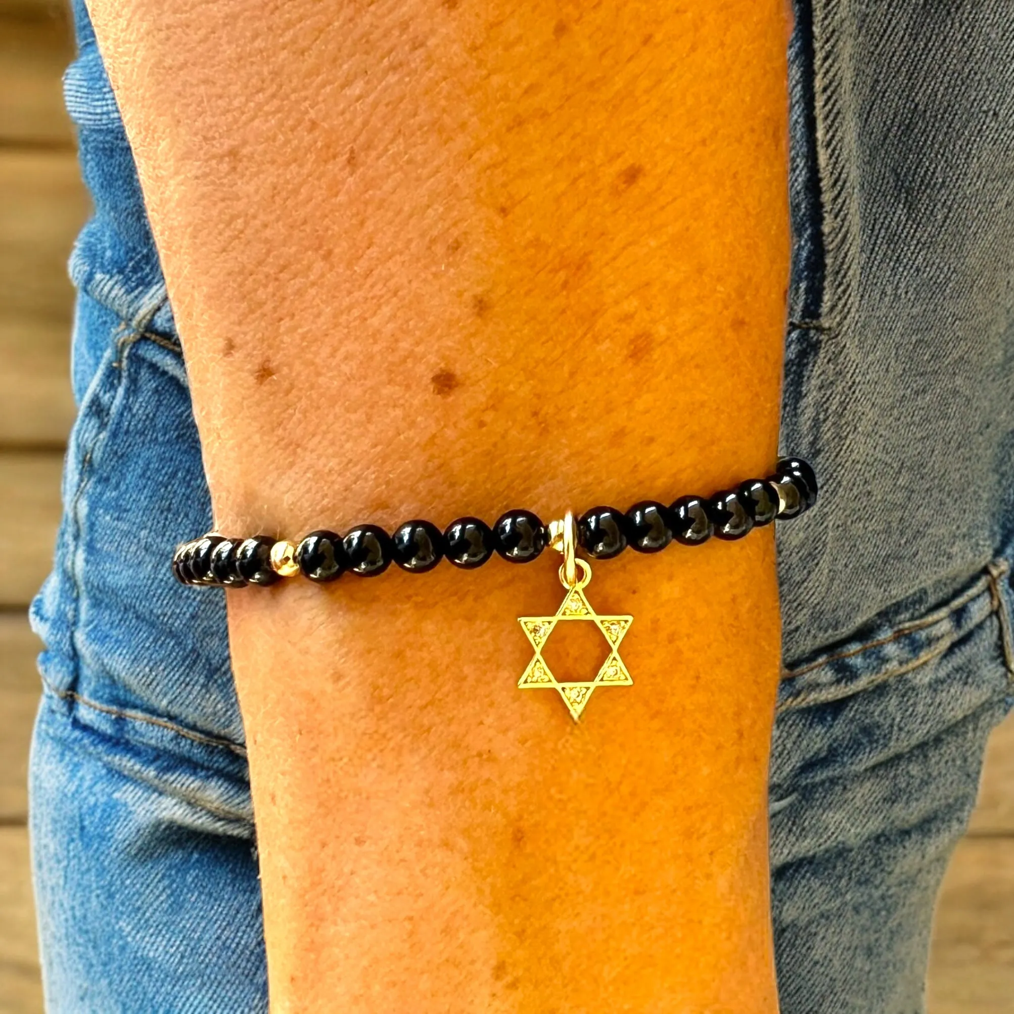 Star of David Charm 4mm Onyx Stone Bracelet