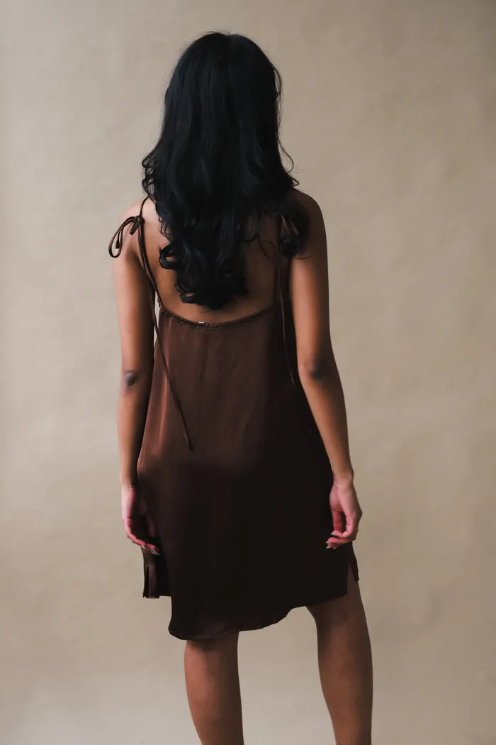 TESSA DRESS CHOCOLATE SATIN