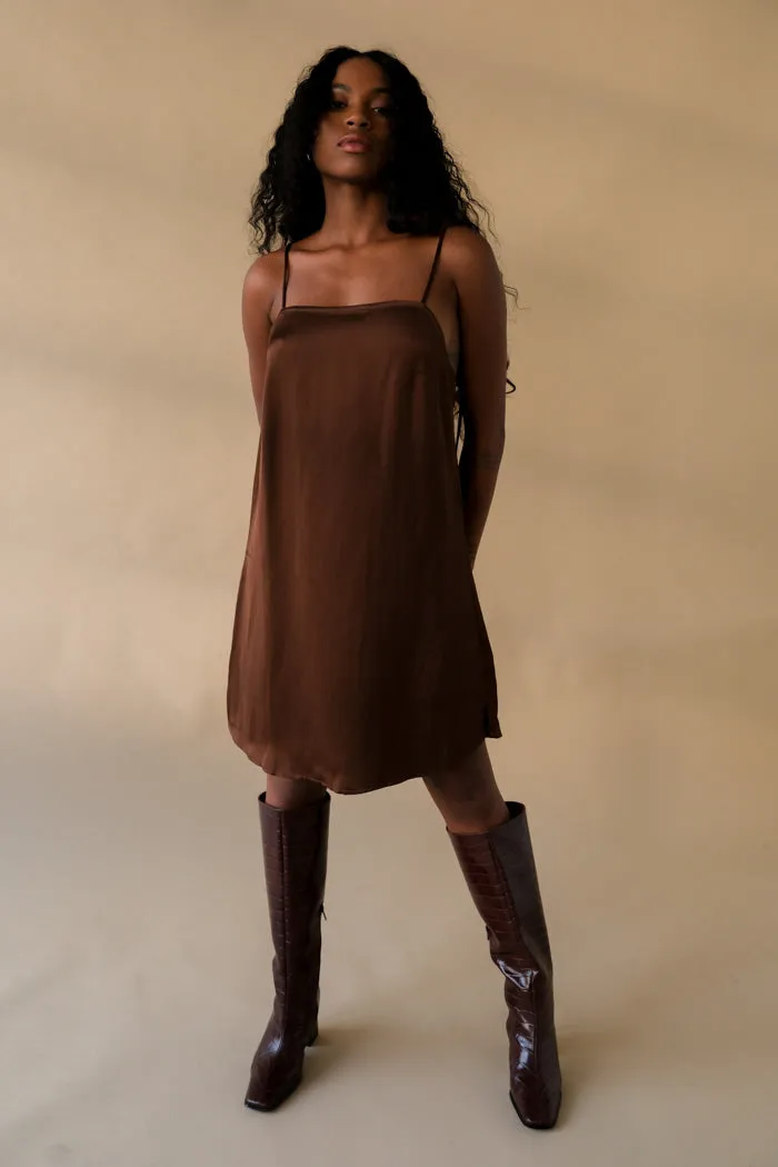 TESSA DRESS CHOCOLATE SATIN