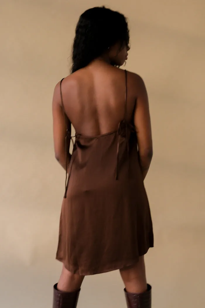 TESSA DRESS CHOCOLATE SATIN