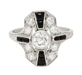 Tiffany & Co. Art Deco Old European Cut Diamond Onyx Platinum Shield Scroll Dinner Ring