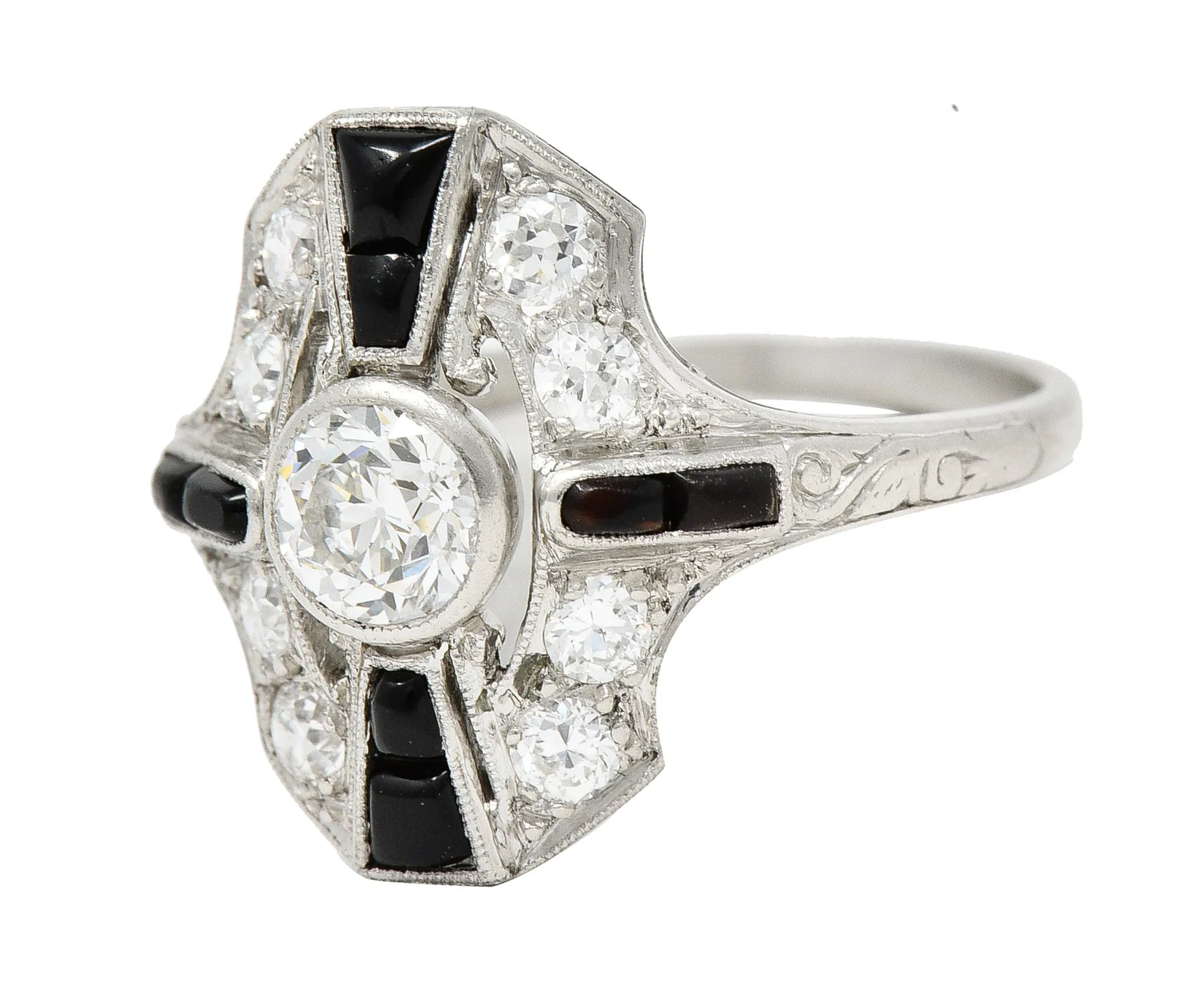 Tiffany & Co. Art Deco Old European Cut Diamond Onyx Platinum Shield Scroll Dinner Ring