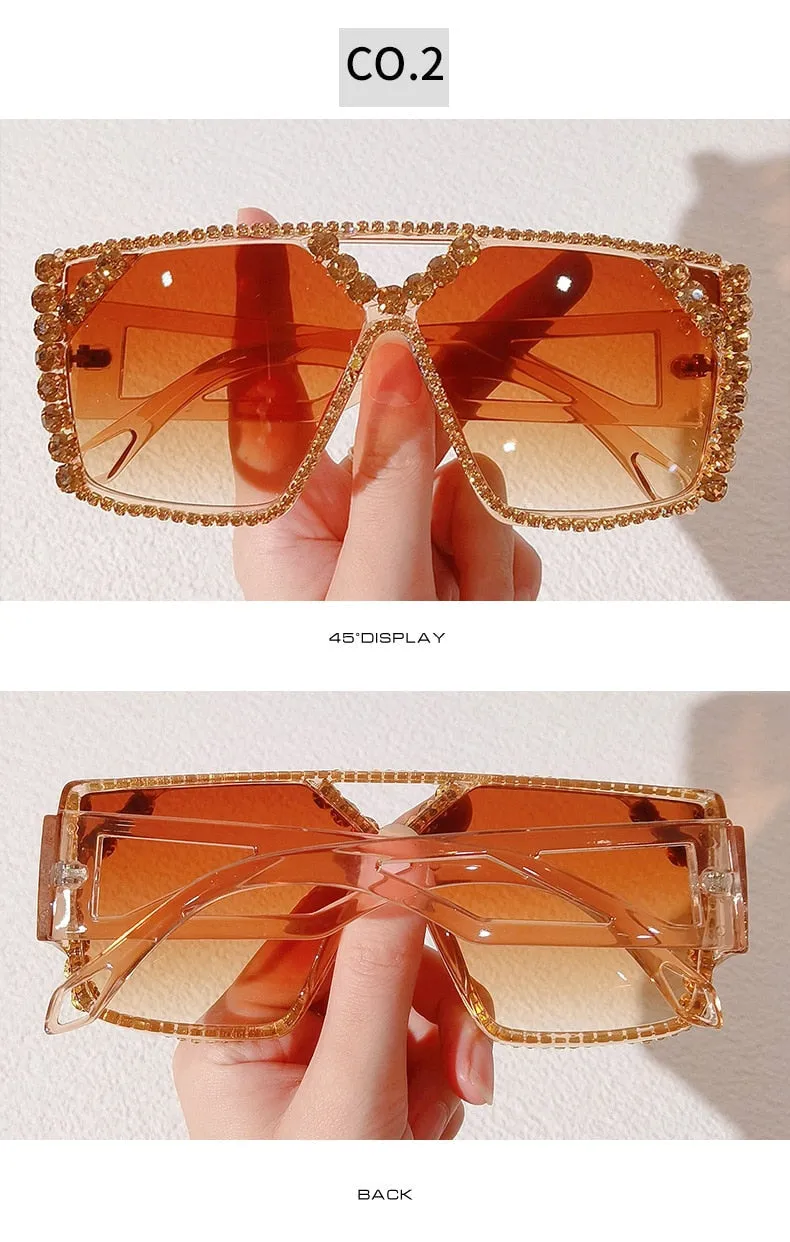 Unisex Luxury Oversized Square Diamond Rhinestone UV400 Sunglasses