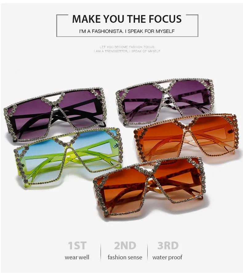 Unisex Luxury Oversized Square Diamond Rhinestone UV400 Sunglasses