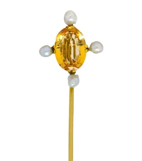 Victorian 3.30 Carat Topaz Pearl 18 Karat Gold Stickpin