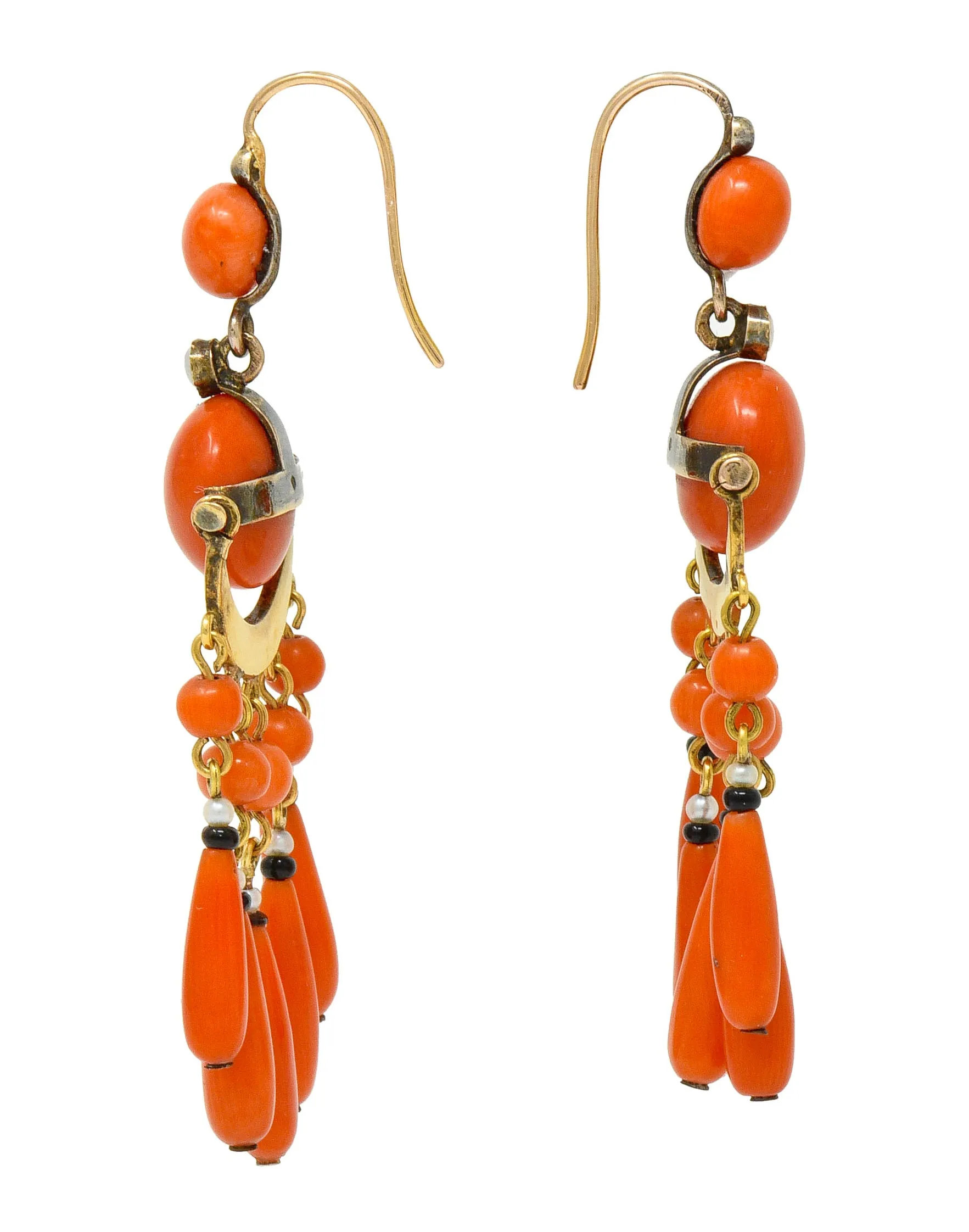 Victorian Etruscan Revival Coral Pearl Onyx 18 Karat Gold Chandelier Earrings