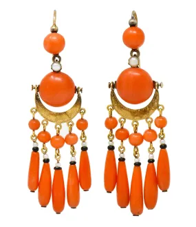 Victorian Etruscan Revival Coral Pearl Onyx 18 Karat Gold Chandelier Earrings