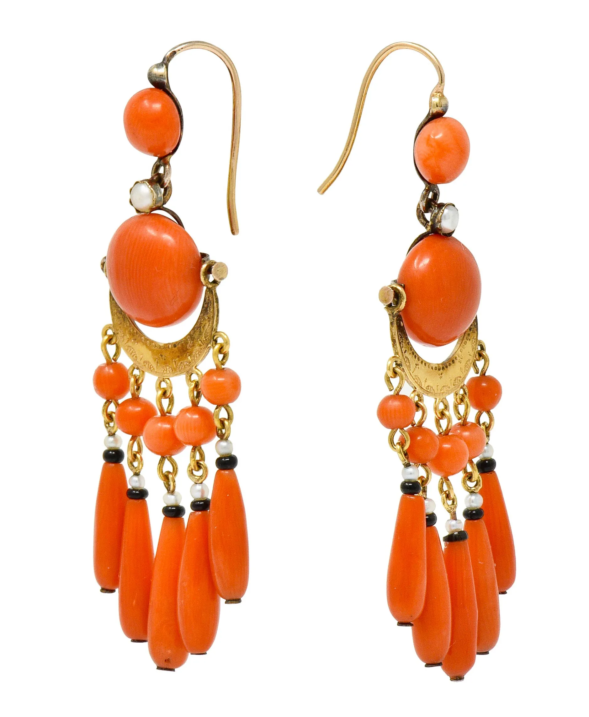 Victorian Etruscan Revival Coral Pearl Onyx 18 Karat Gold Chandelier Earrings