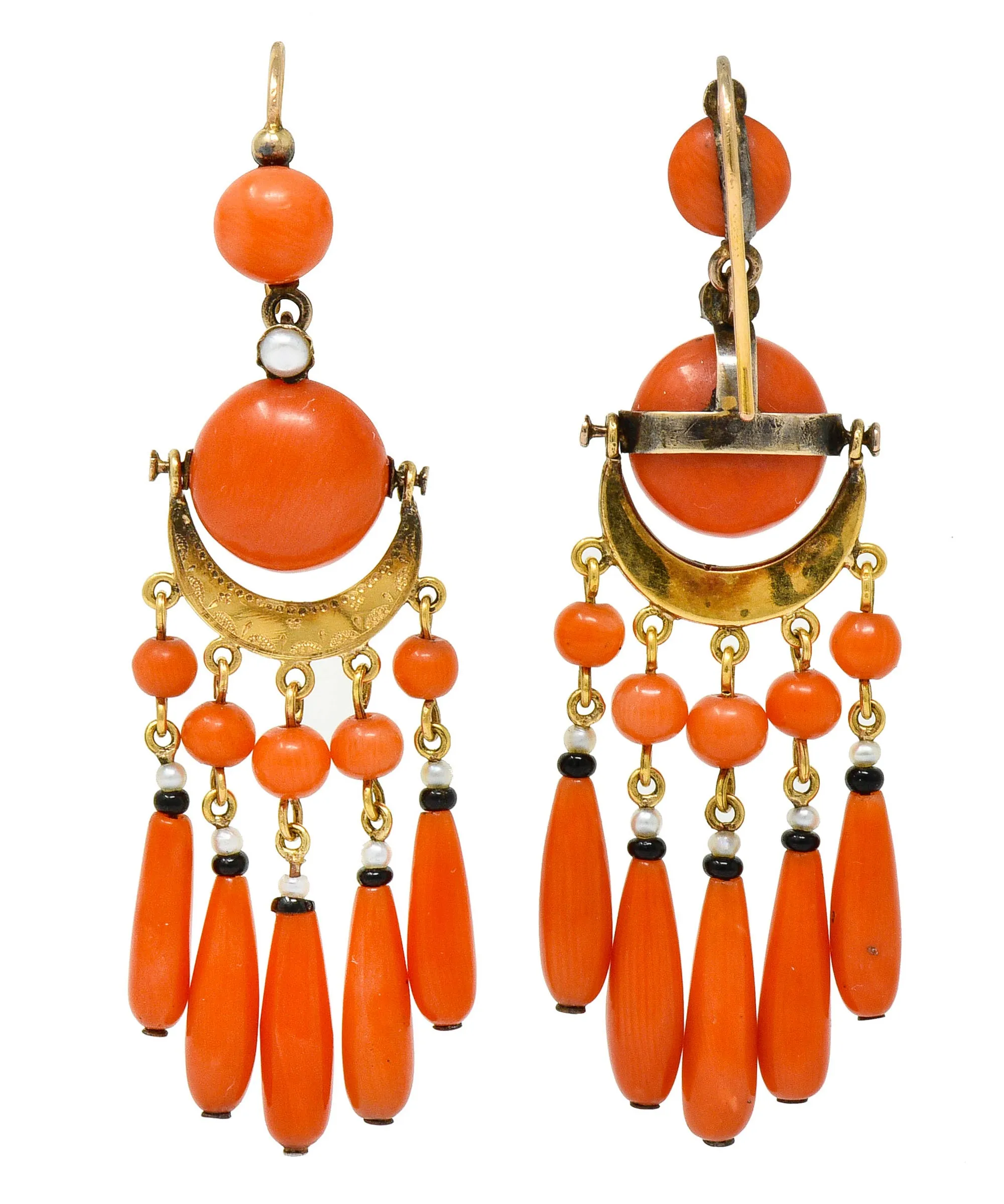 Victorian Etruscan Revival Coral Pearl Onyx 18 Karat Gold Chandelier Earrings