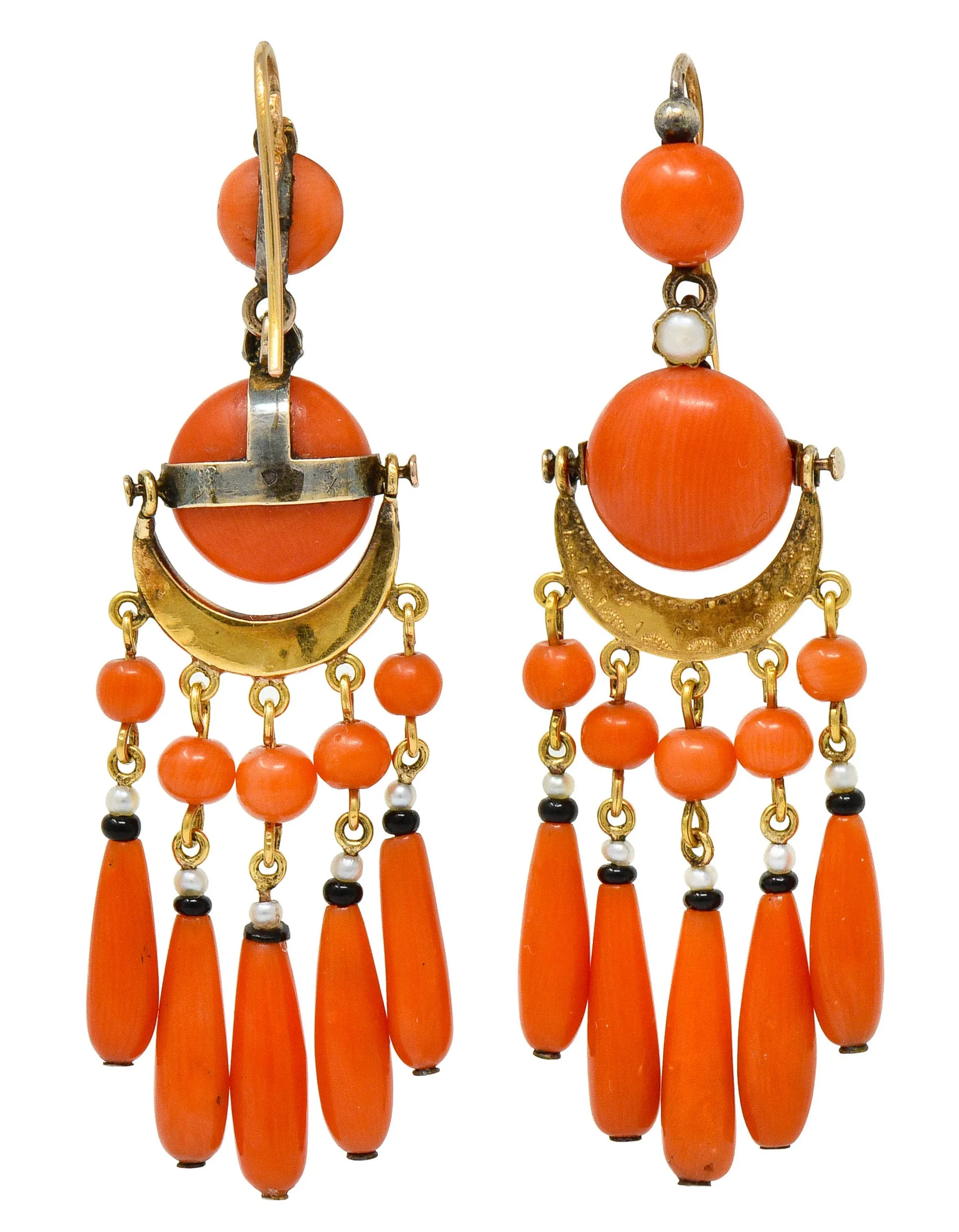 Victorian Etruscan Revival Coral Pearl Onyx 18 Karat Gold Chandelier Earrings