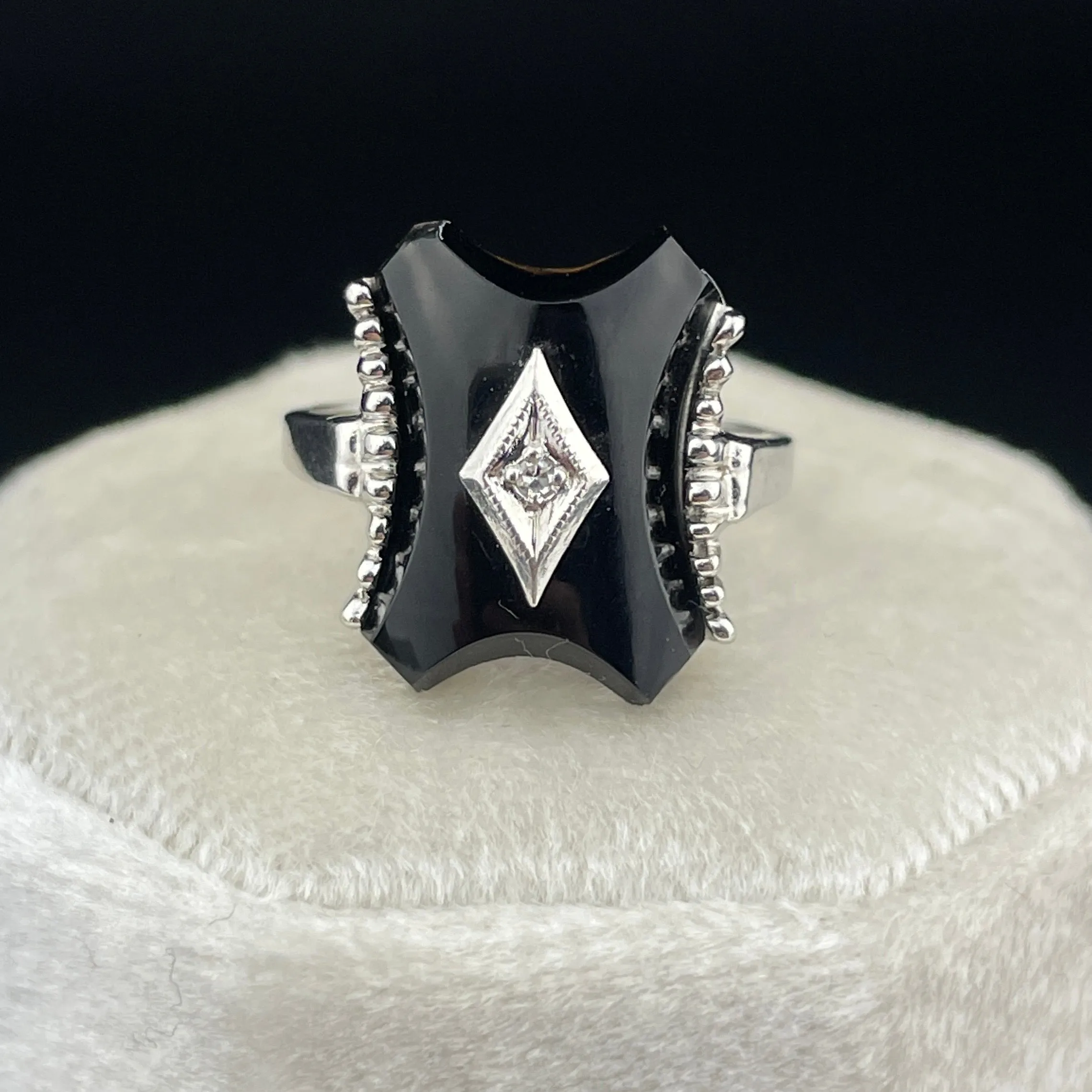 Vintage 10K White Gold Onyx Diamond Ring, Sz 6