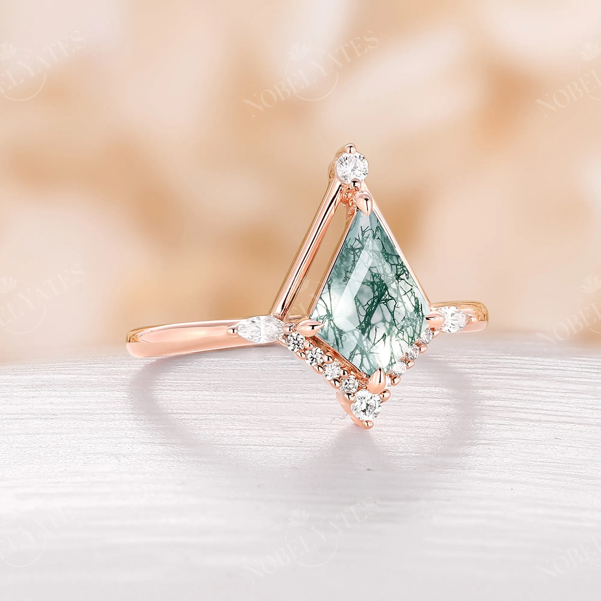 Vintage Moss Agate Kite Shape Engagement Ring Rose Gold