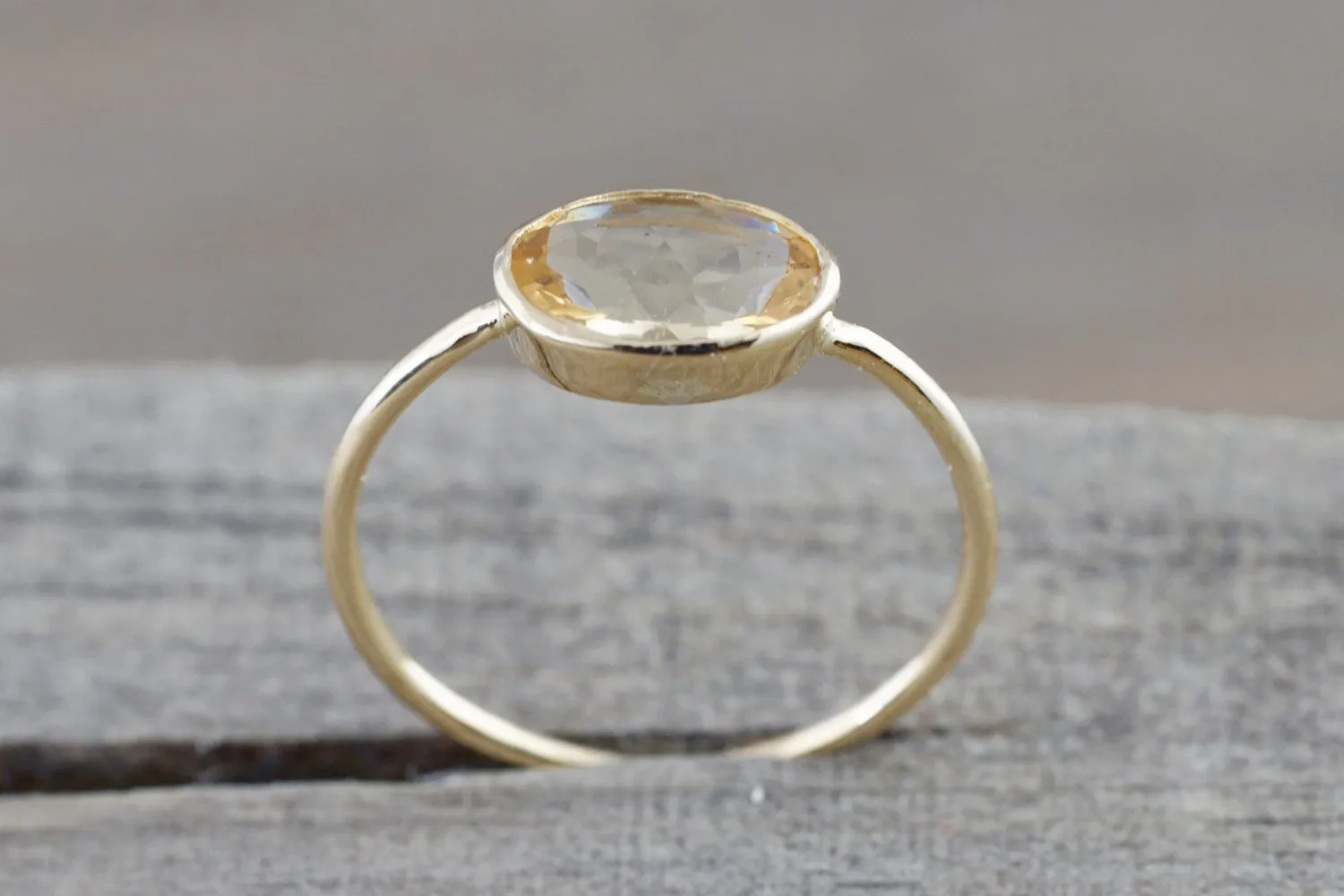 Yellow Topaz Gold Oval Bezel Band Minimalist Birthstone Ring